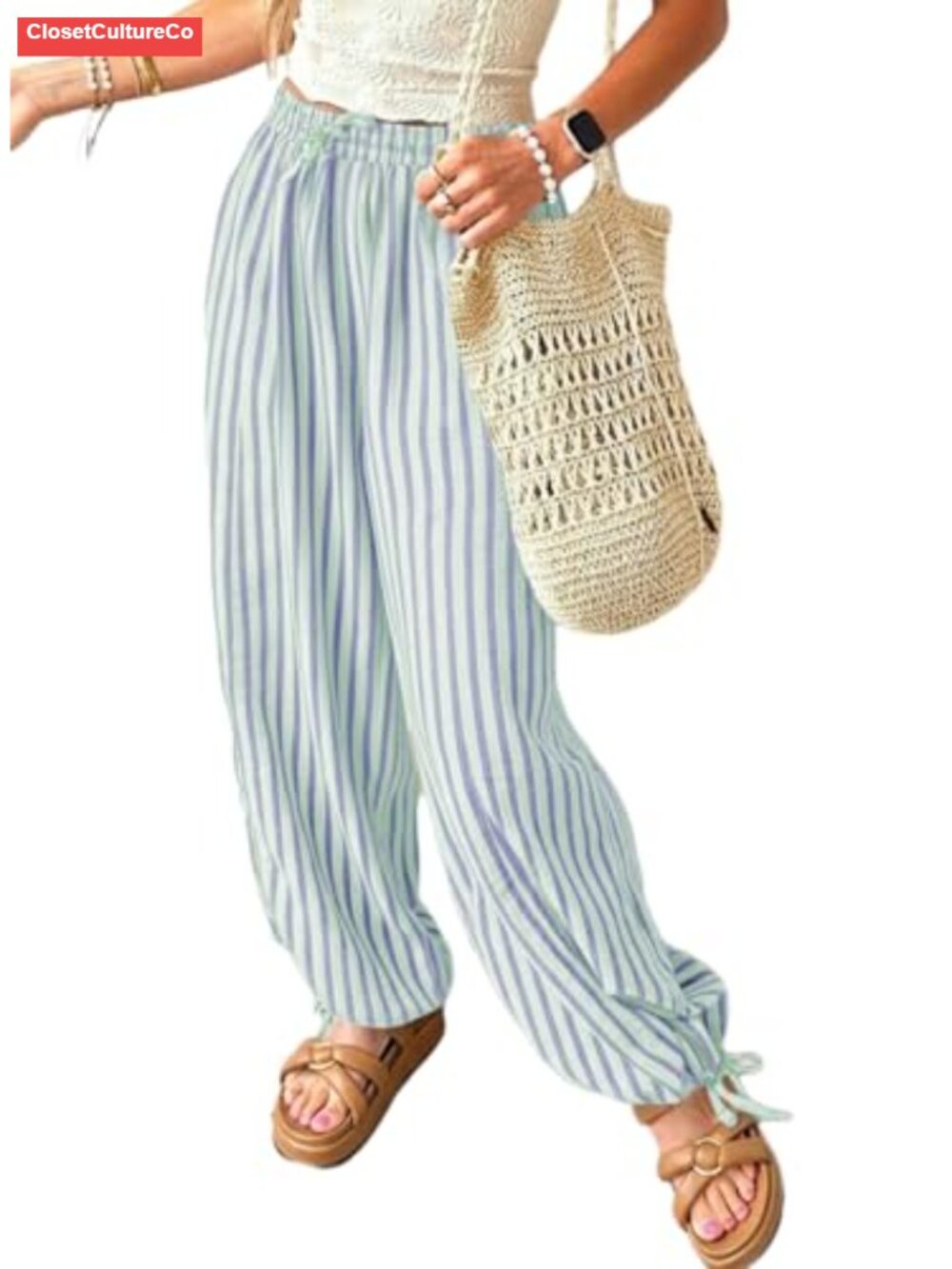 Women's Striped Wide Leg Drawstring Pants with Pockets Elastic Waist